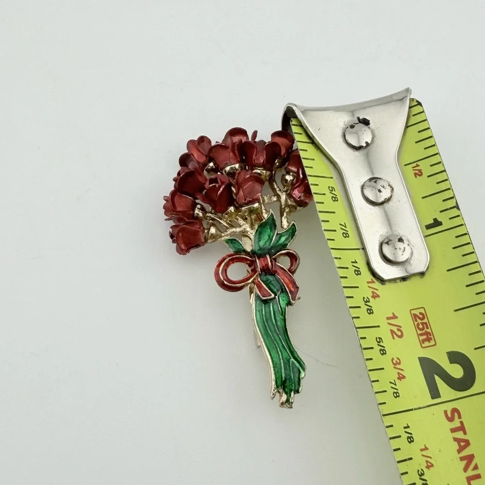 Rose Bouquet Brooch‎ Red Good Enamel Floral Gold Tone Pin